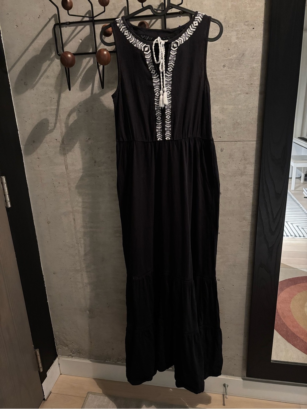 Esprit Sleeveless Black Maxi Dress with White Embroidered Trim in XS